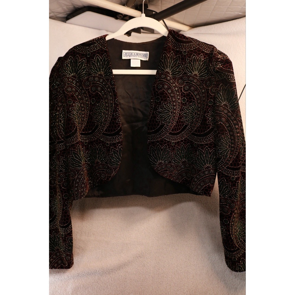 Vintage Jessica Howard Women Cropped Jacket Metallic Paisley Made USA Black Gold